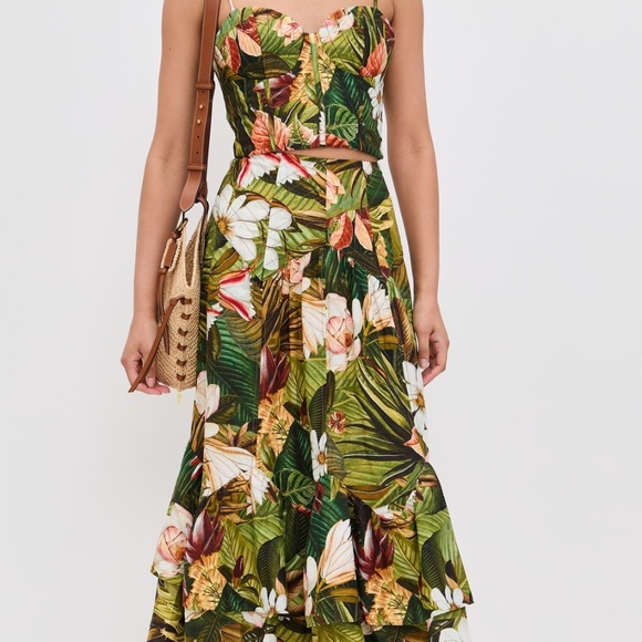 NWT - FARM Rio Botanical Forest Asymmetric Yoke Midi Skirt  Botanical Forest L - Picture 7 of 8